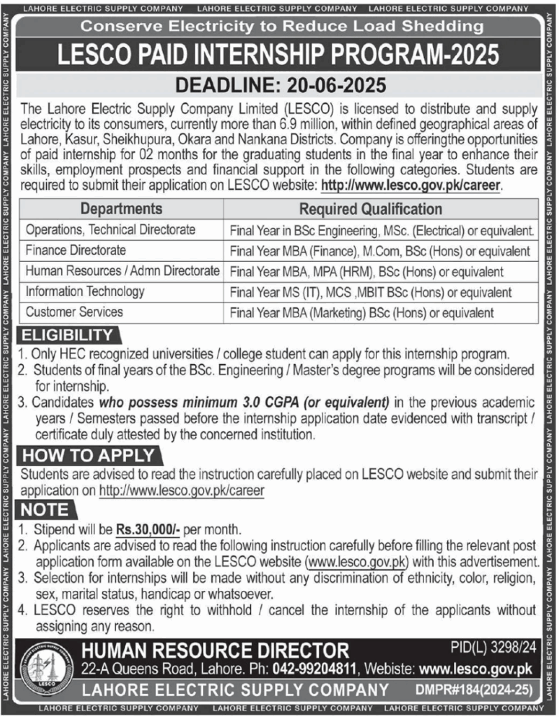 Lahore Electric Supply Company LESCO Paid Internship Program 2025 1 LESCO Paid Internship