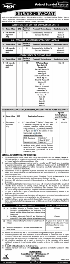 Sub Inspector Jobs in Federal Board of Revenue FBR Pakistan 2025 1 Sub Inspector Jobs